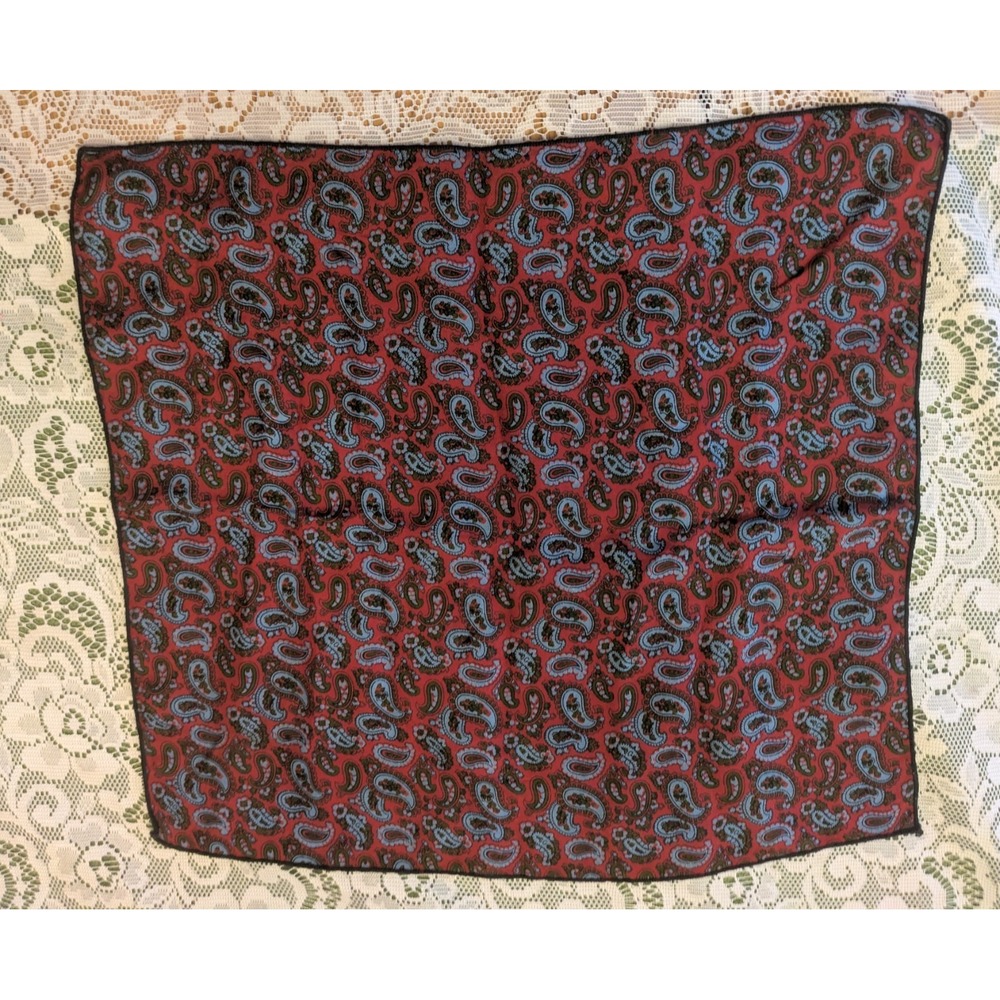 Paisley Red Blue Silk Scarf 13 In. Handrolled Hem Excellent Condition VINTAGE